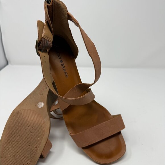 Lucky Brand Jenley Tan Leather Strappy Wedge Sandals - Picture 4 of 5